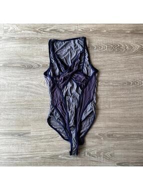 Purple and Gray Semi-Sheer Mesh Crossover Bodysuit